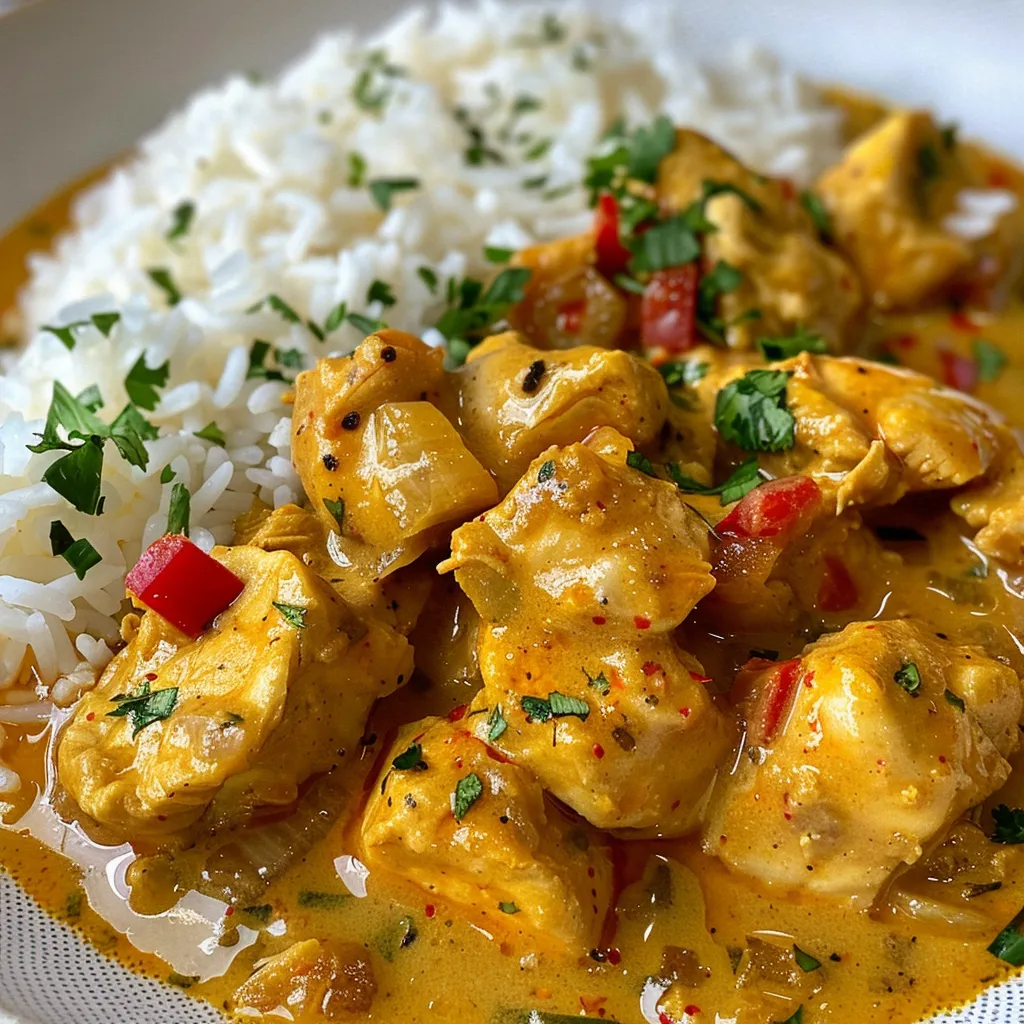 Vista lateral de Pollo al curry servido con arroz blanco y decorado con cilantro fresco.