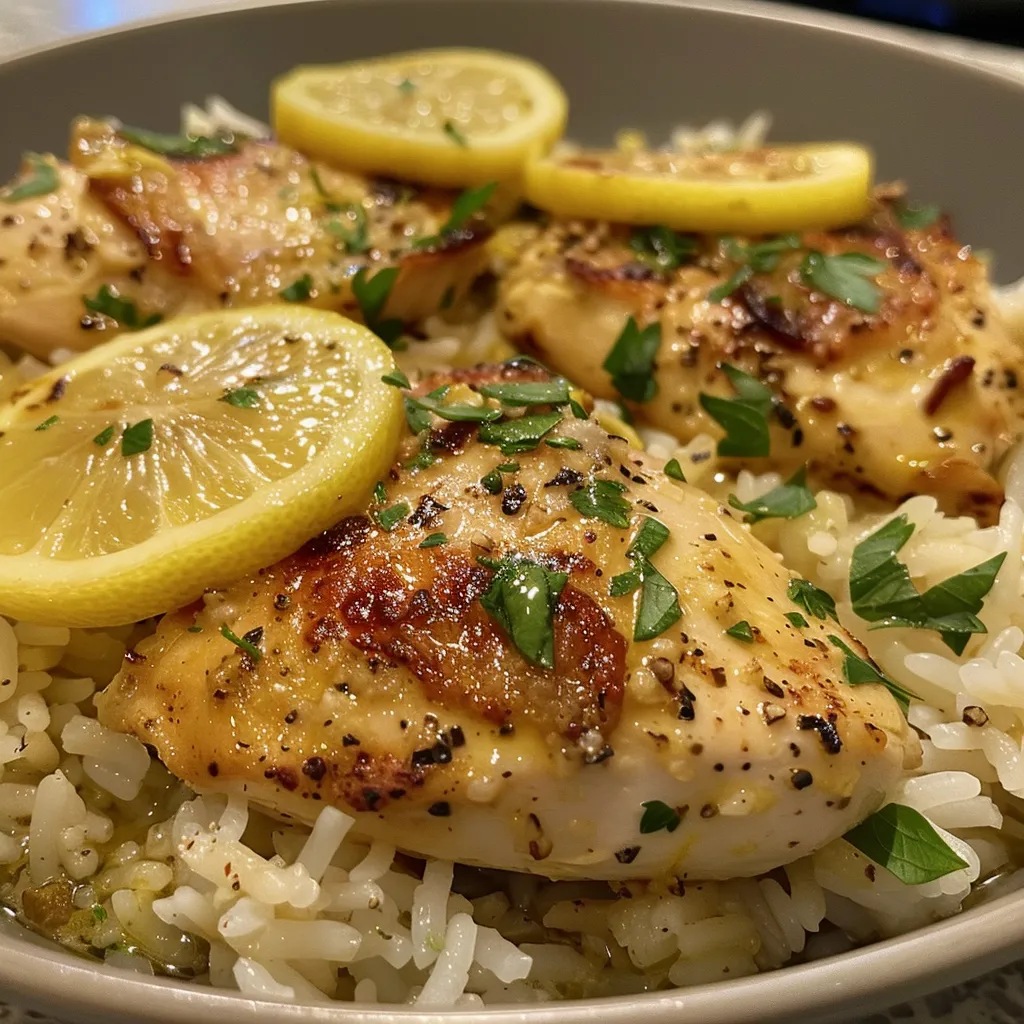 Una vista lateral cercana de Pollo al Limón con Arroz, mostrando pollo jugoso y arroz esponjoso.