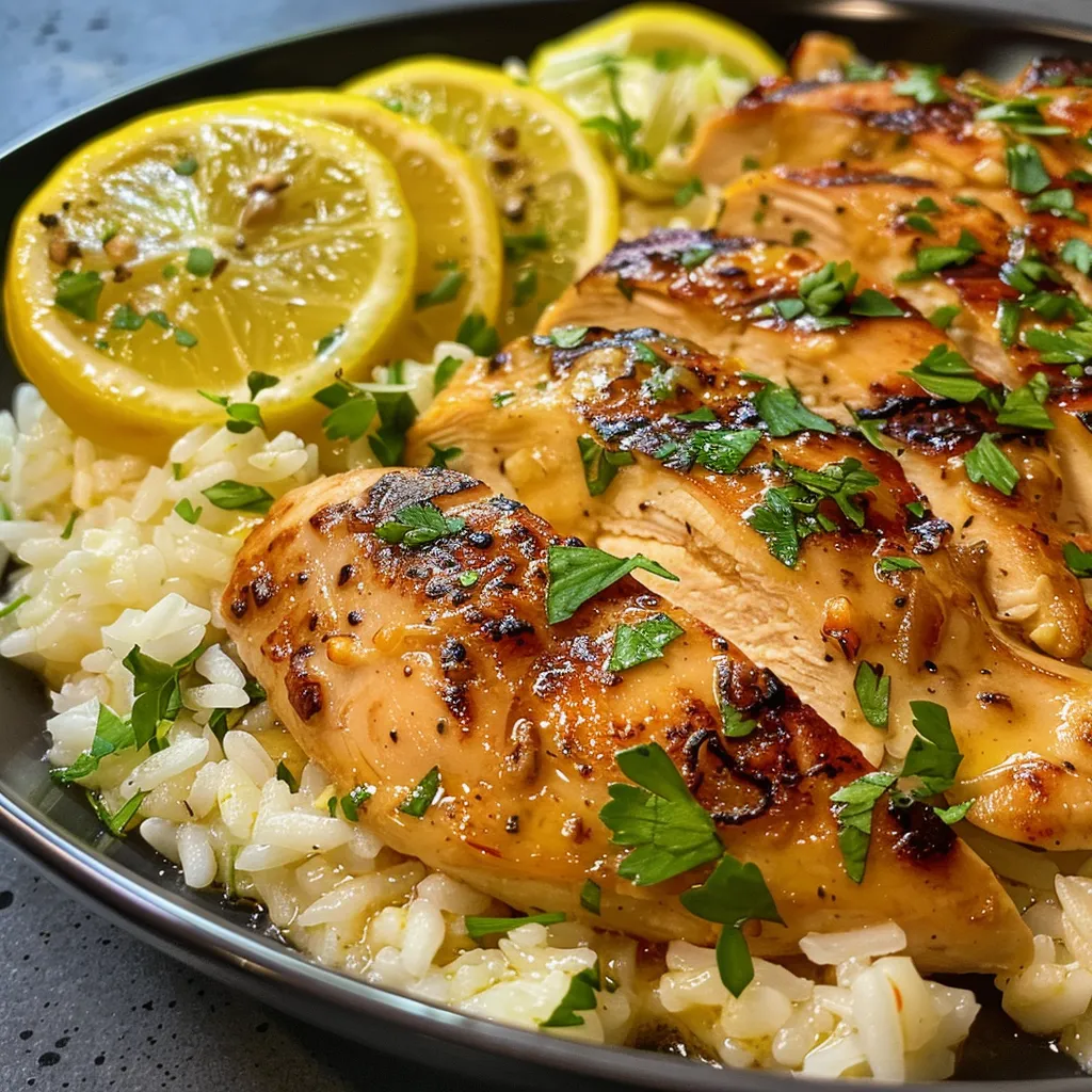 Plato de Pollo al Limón con Arroz, con trozos de pollo dorado y arroz con limón.