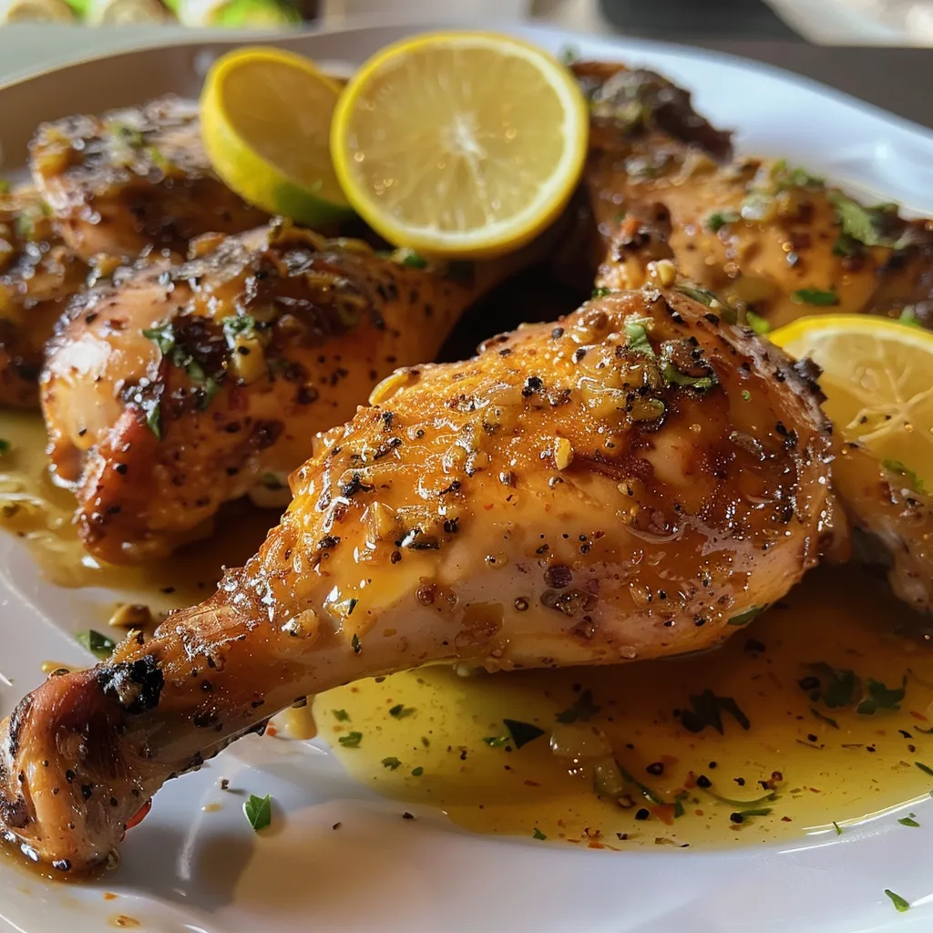 Primer plano de Pollo al Limón con rodajas de limón decorativas.