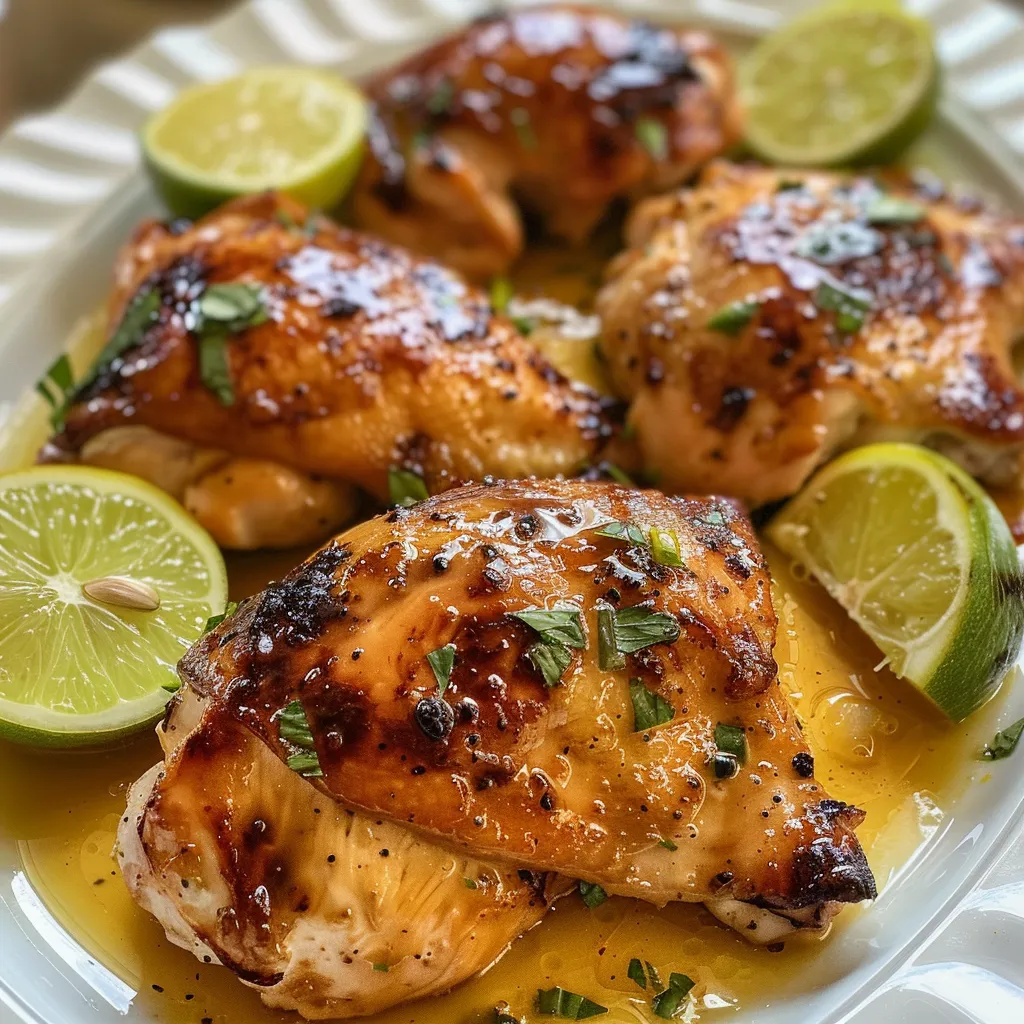 Pechugas de pollo cocinadas bañadas en salsa de limón y ajo.