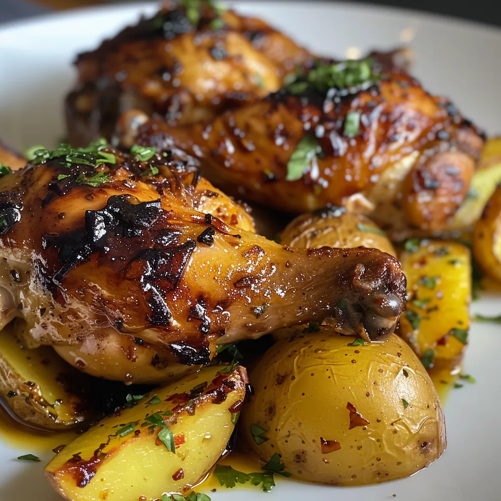 Vista lateral de un plato de Pollo Asado al Horno con patatas crujientes.