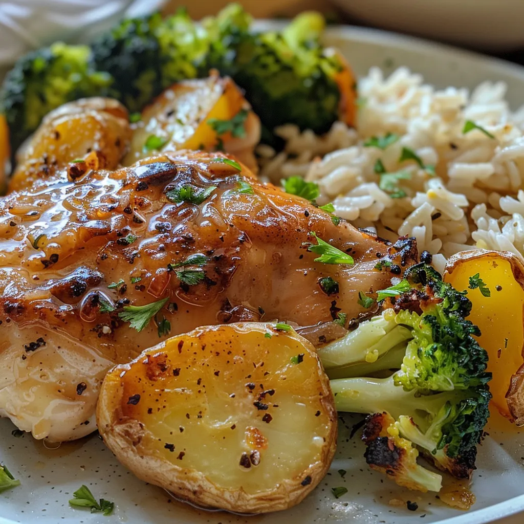 Primer plano de Pollo con Arroz, Brócoli y Zanahorias bien presentado.