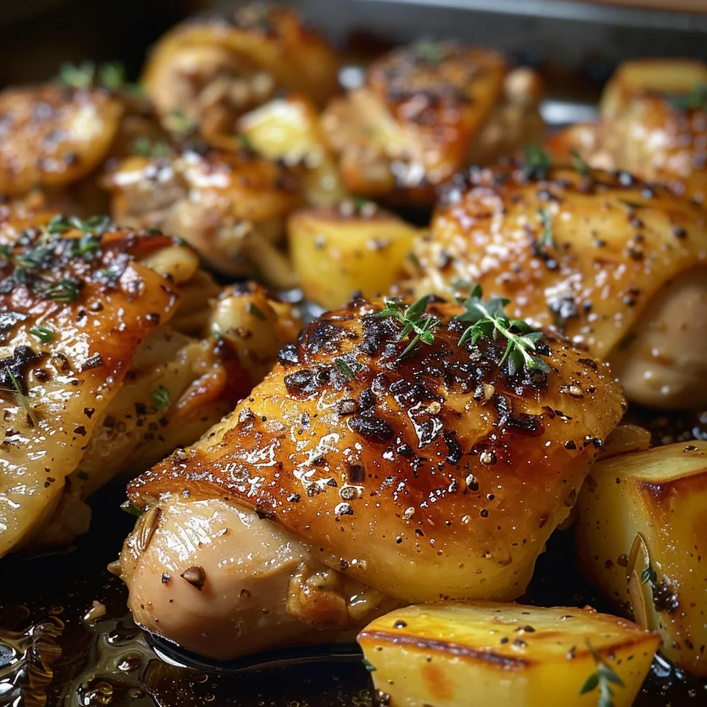 Plato de pollo con papas al horno, con muslos dorados y papas en cubos.