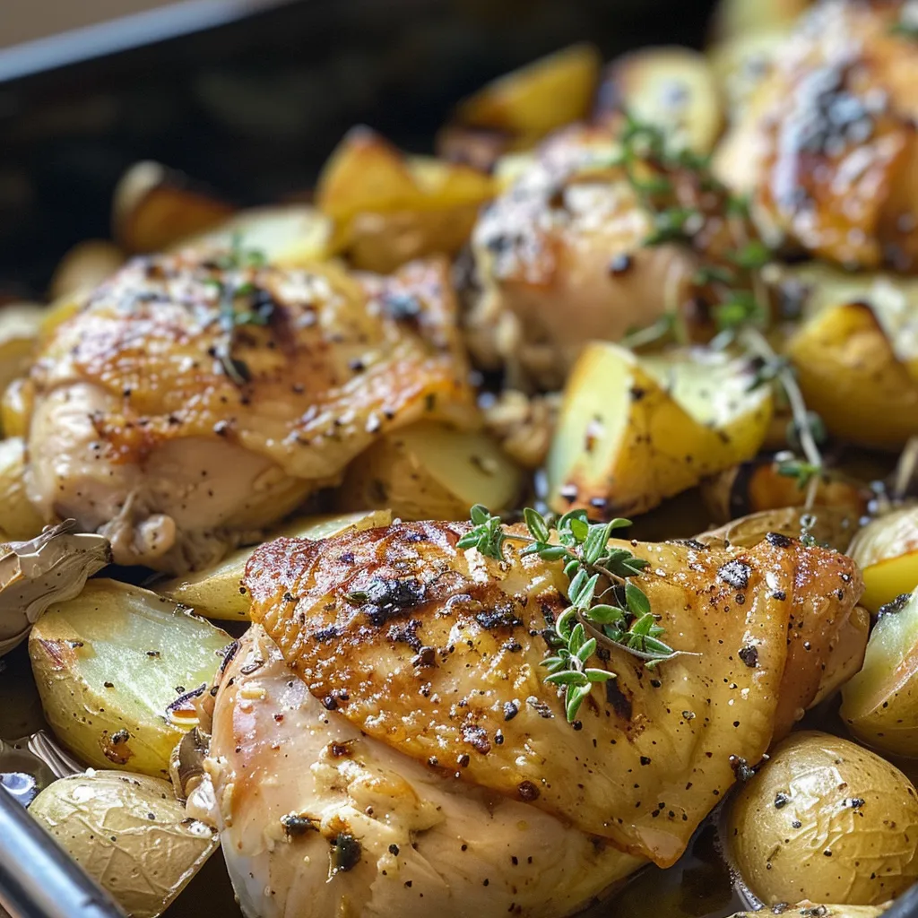 Primer plano de muslos de pollo al horno acompañados de papas doradas en cubos.