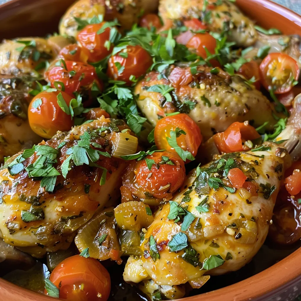 Primer plano de Pollo con tomate y albahaca, mostrando la textura jugosa del pollo.