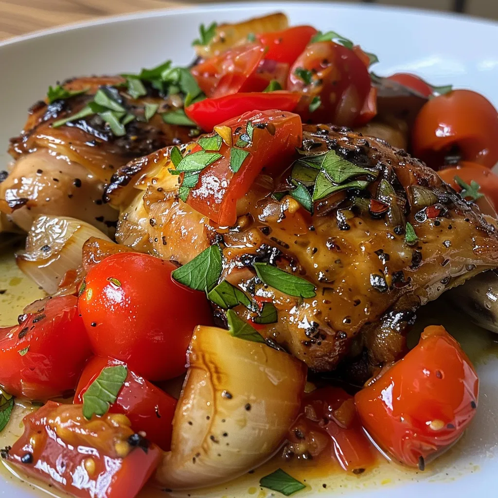 Vista lateral del plato de Pollo con tomate y albahaca, con ingredientes frescos visibles.
