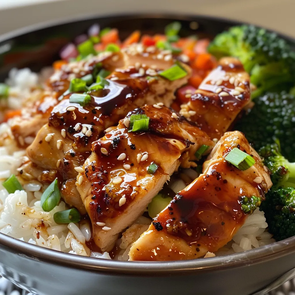 Platter of Pollo en salsa teriyaki with colorful vegetables and rice.