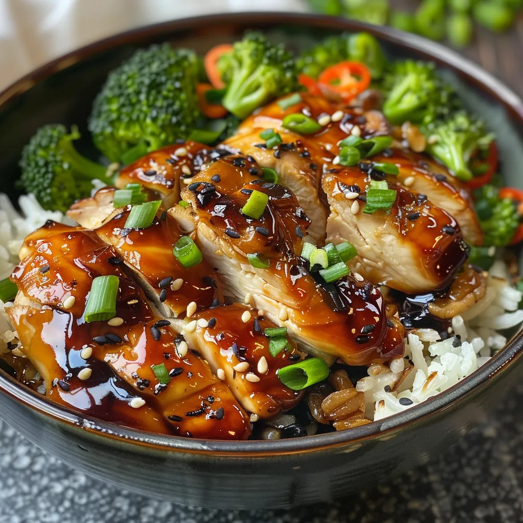 Close-up of juicy chicken in teriyaki sauce with broccoli and carrots.