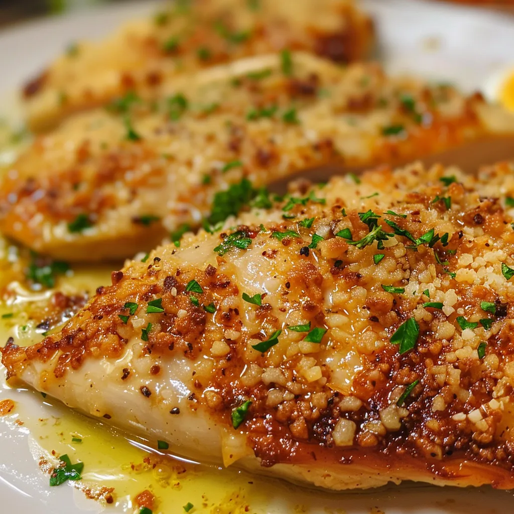 Pollo parmesano jugoso, presentado en un plato.