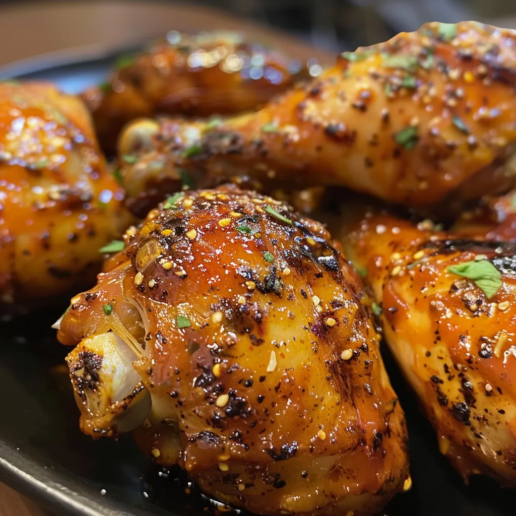 Primer plano de muslos y piernas de pollo con salsa BBQ.