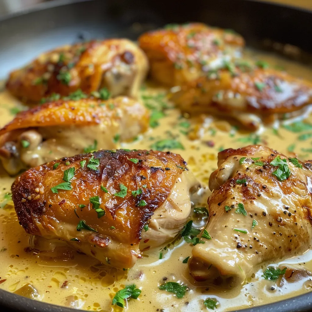 Primer plano del Pollo a la crema con mostaza, mostrando su textura jugosa y cremosa.