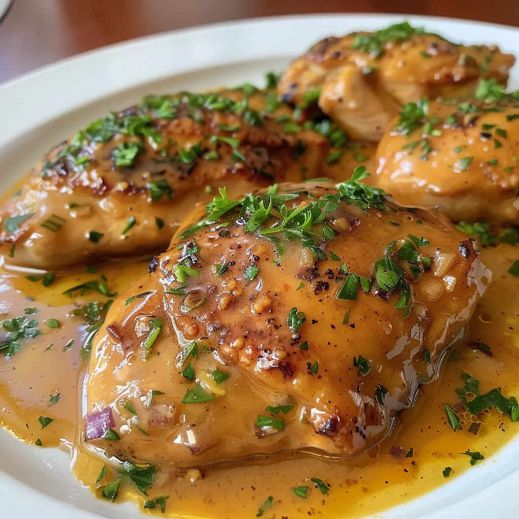 Vista lateral de un plato de Pollo a la crema con mostaza, con decoración de perejil fresco.