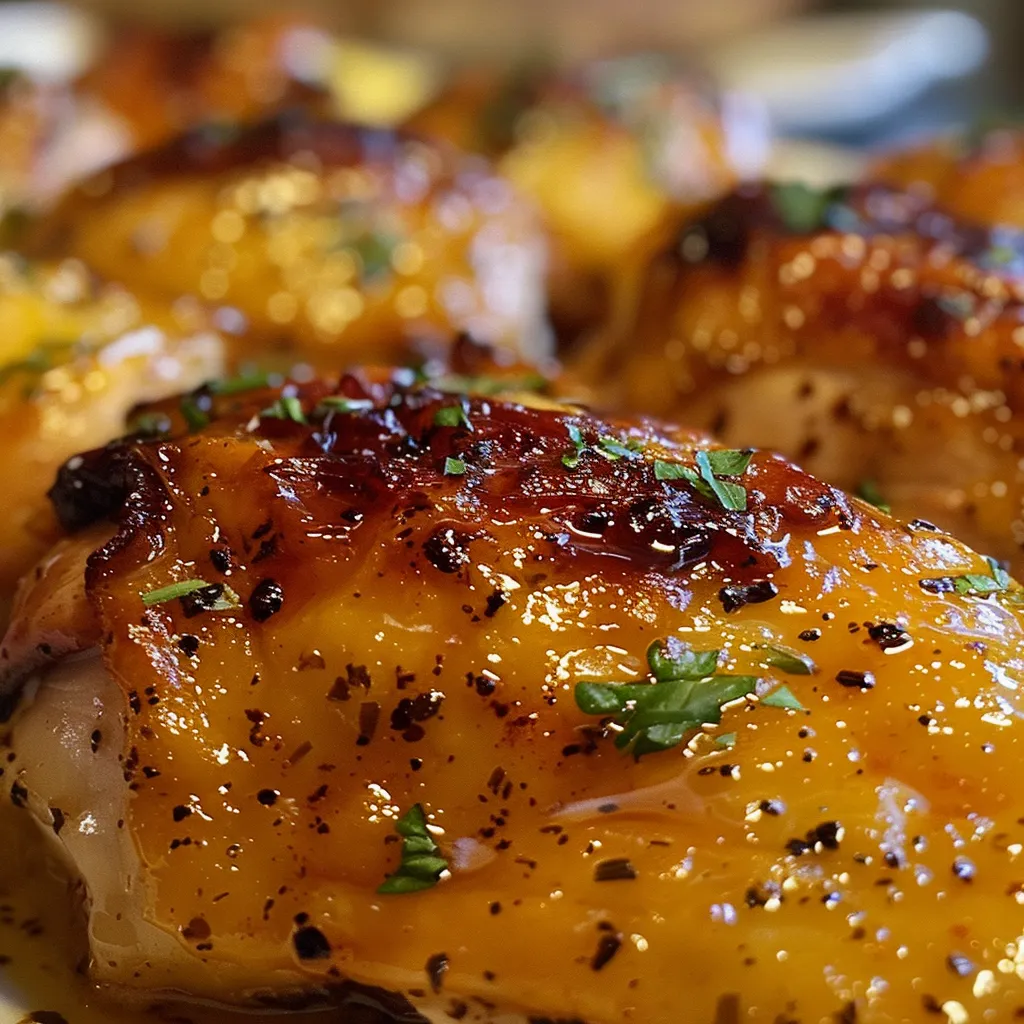 Vista lateral de pollo al horno, con una glaseado de mostaza brillante.