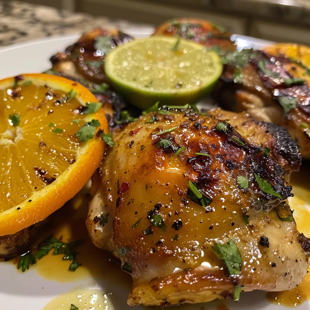 Pechugas de pollo a la parrilla con aderezo de cítricos y hierbas, vista lateral.