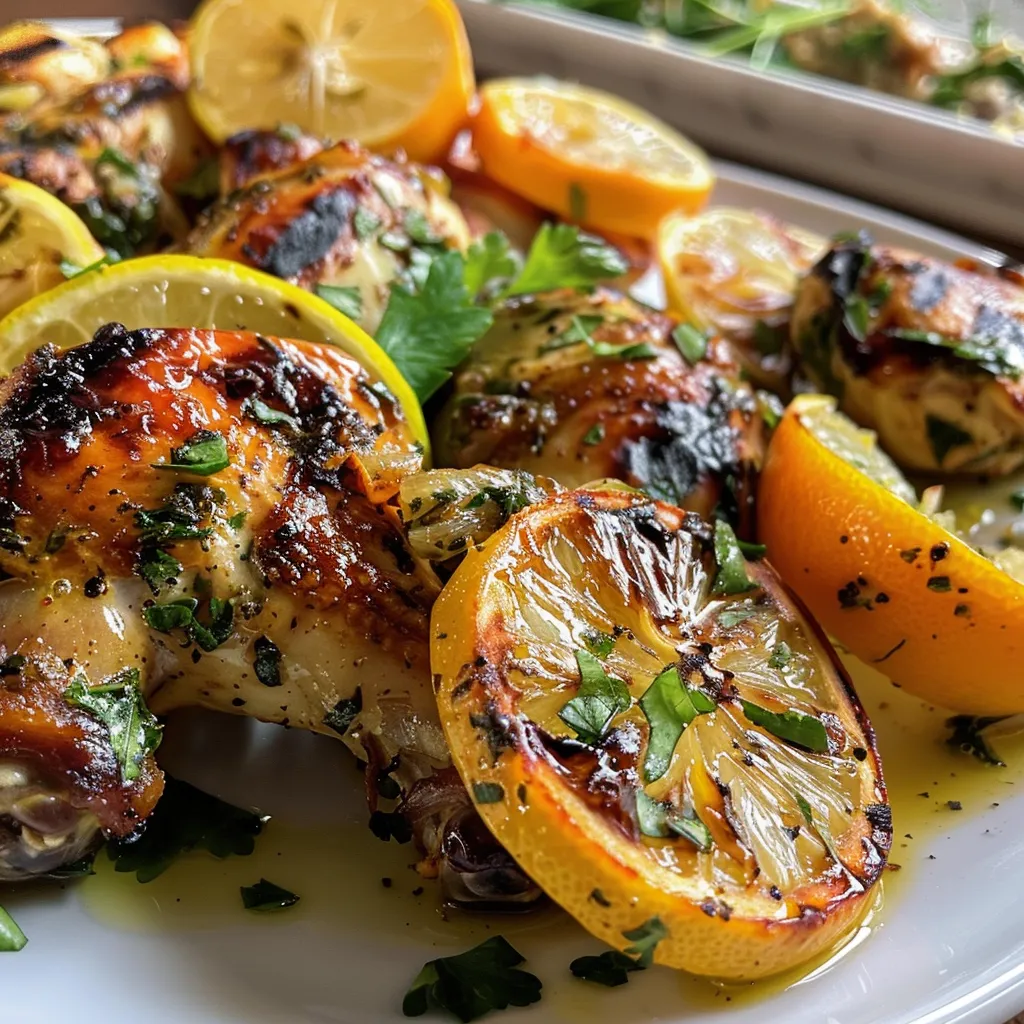 Primer plano de pollo asado con salsa de naranja, limón y cilantro.