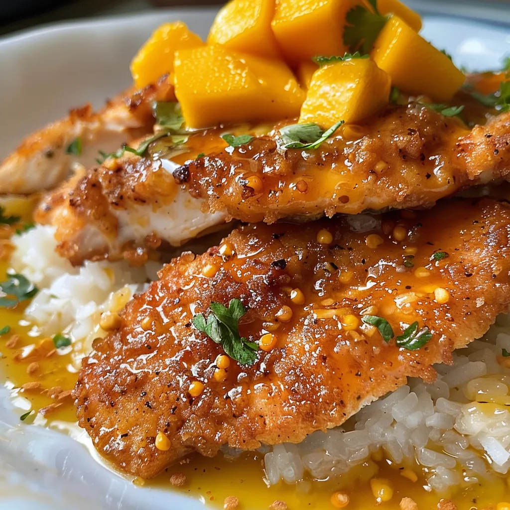 Close-up of juicy Pollo al coco garnished with mango chipotle sauce.