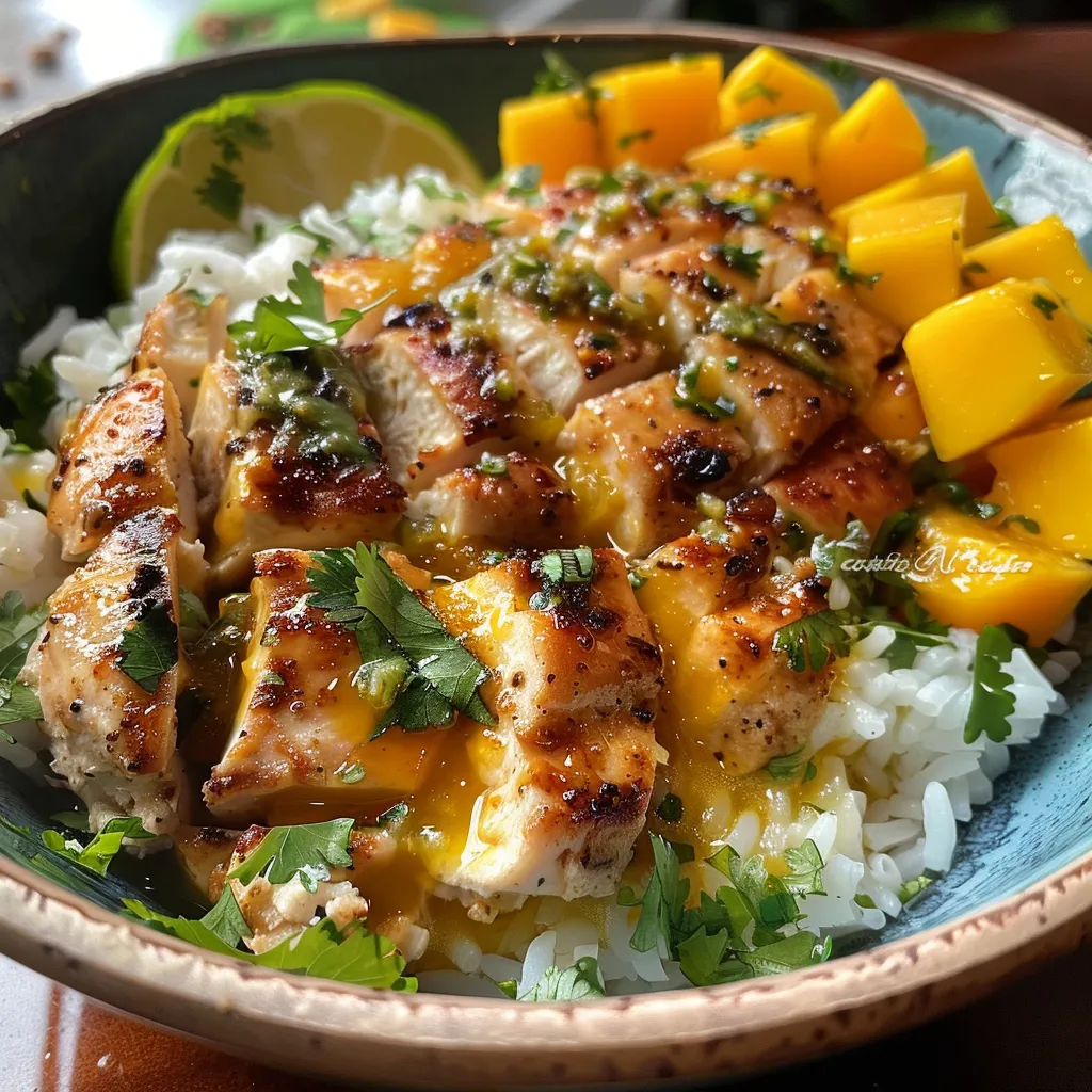 Side view of fried chicken coated in coconut and topped with mango chipotle sauce.