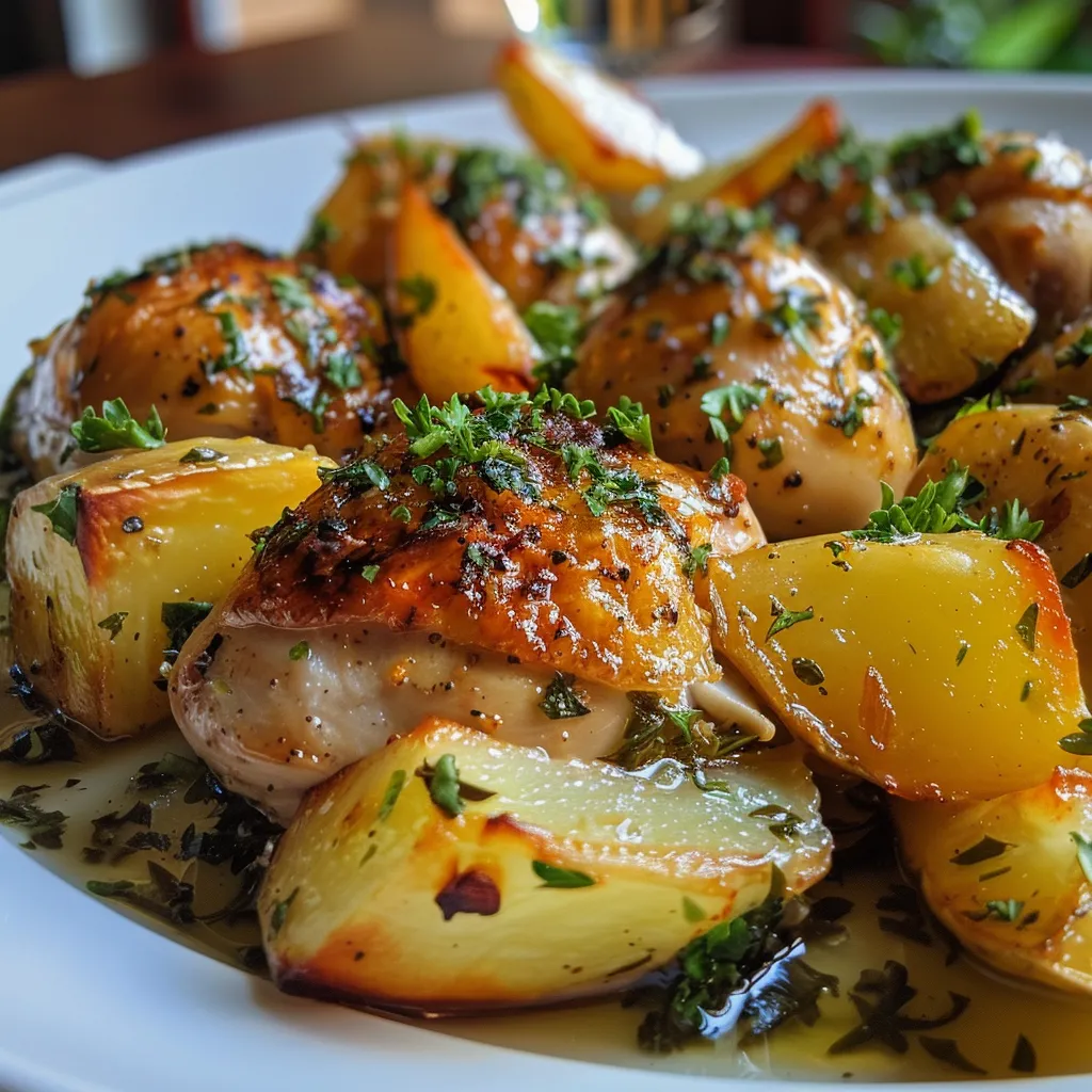 Pollo al horno dorado con hierbas finas y limón, acompañado de patatas.