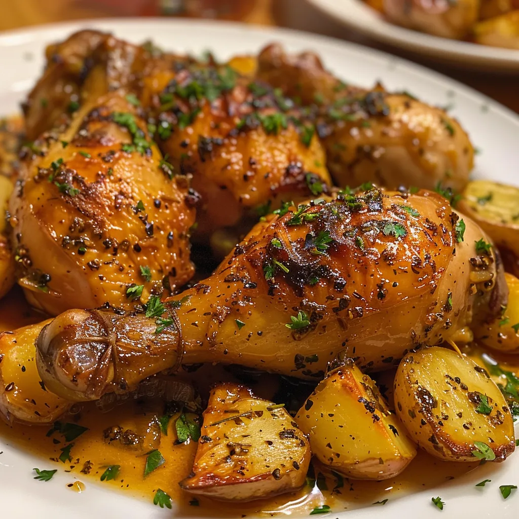 Vista lateral de Pollo al horno con hierbas, mostrando su jugosidad y color dorado.