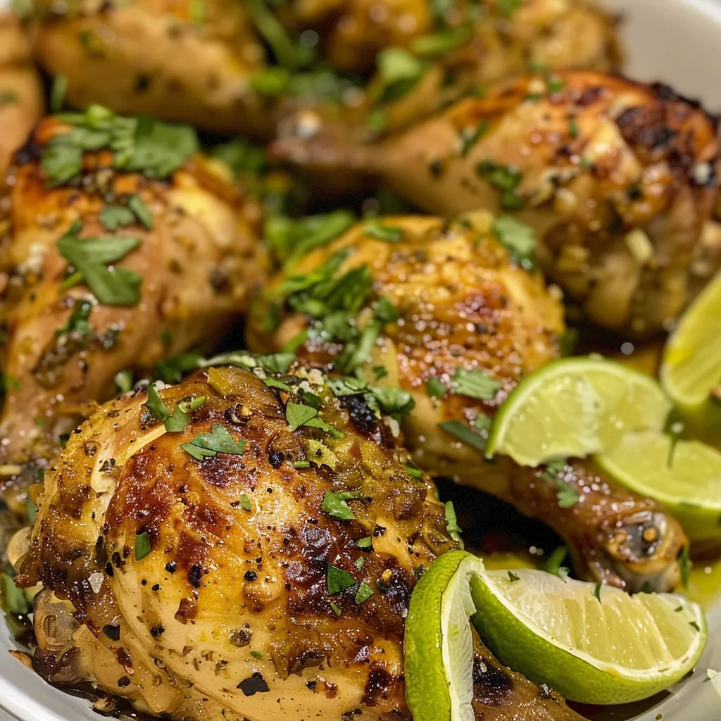 Vista lateral de un plato de Pollo al horno, con limón y hierbas.