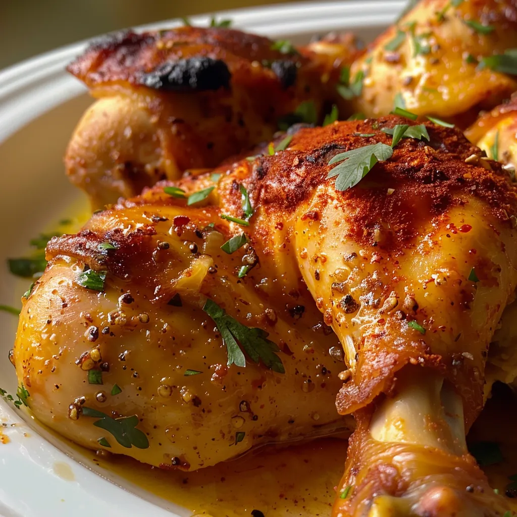 Pollo al horno con paprika, jugoso, presentado en un plato.