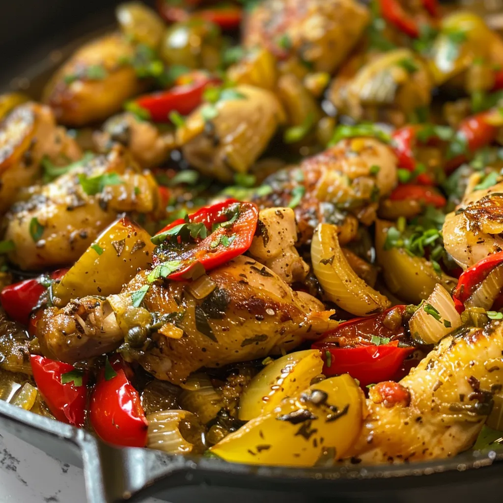 Primer plano de una porción de Pollo al horno rodeado de pimientos y cebolla.