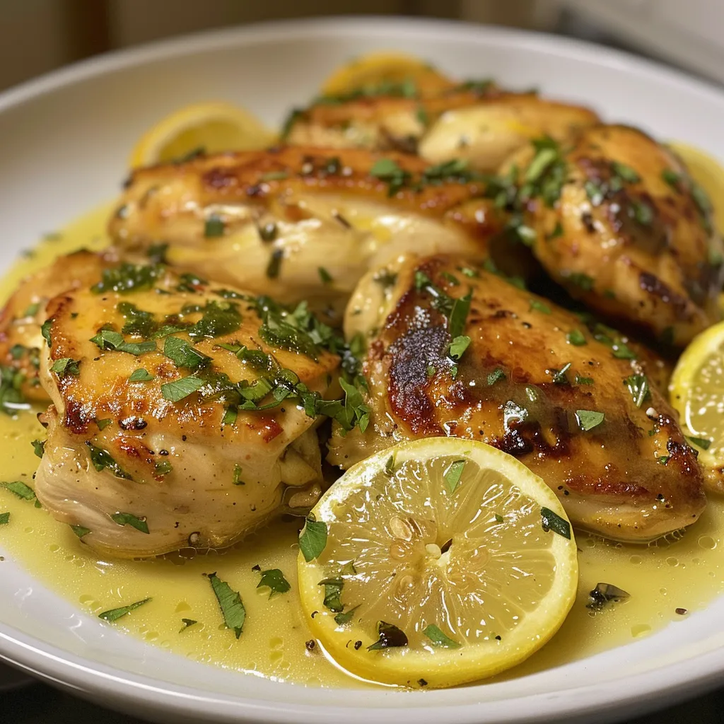 Muslos de pollo al limón con alcaparras dispuestos en un plato.