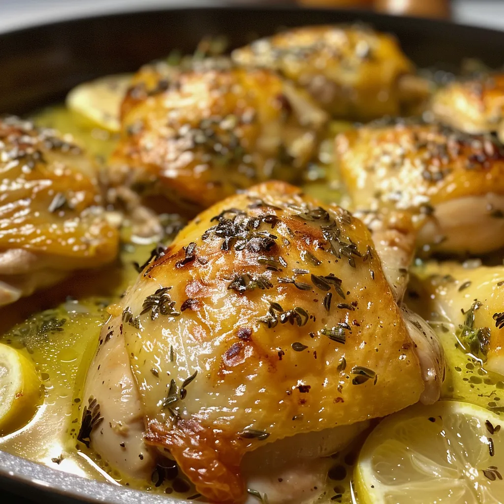 Primer plano de Pollo al limón con alcaparras en un plato blanco.