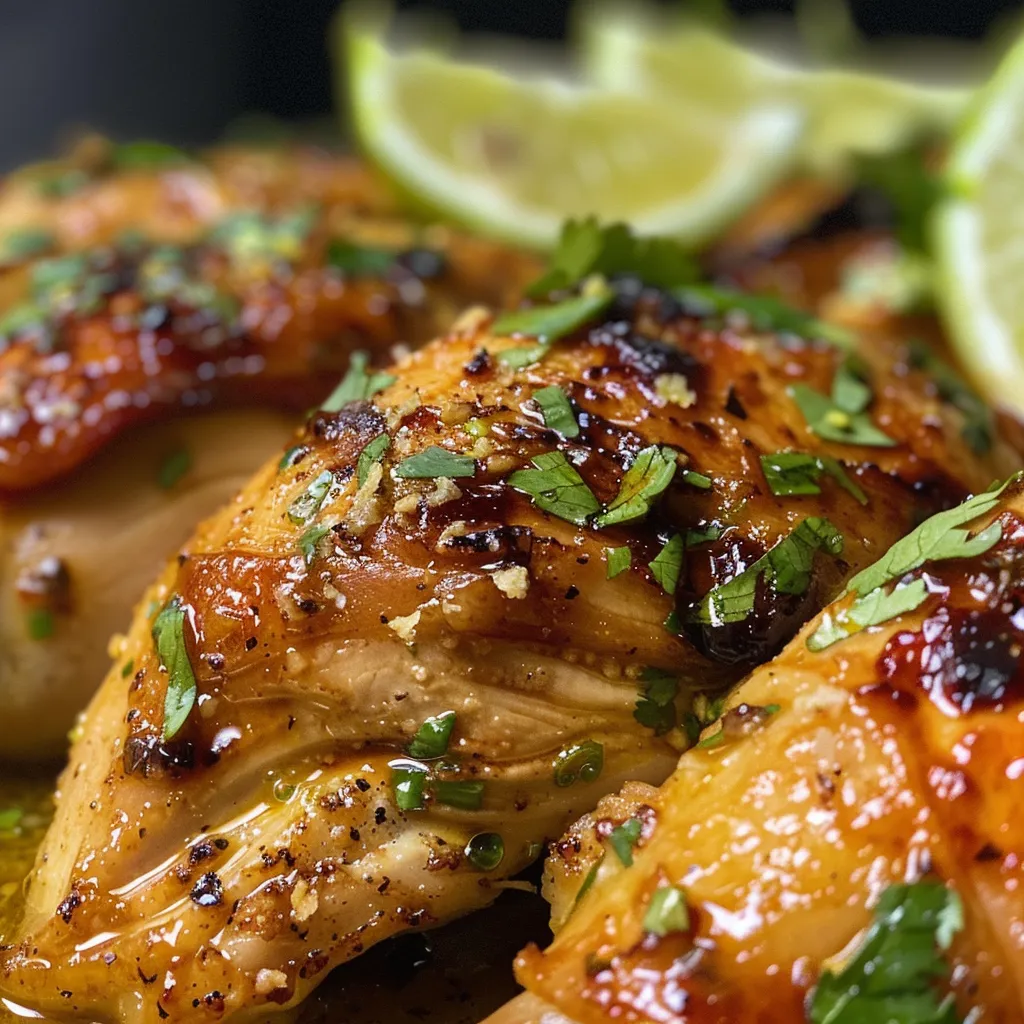 Primer plano de muslos de pollo jugosos, bañados en limón y romero.