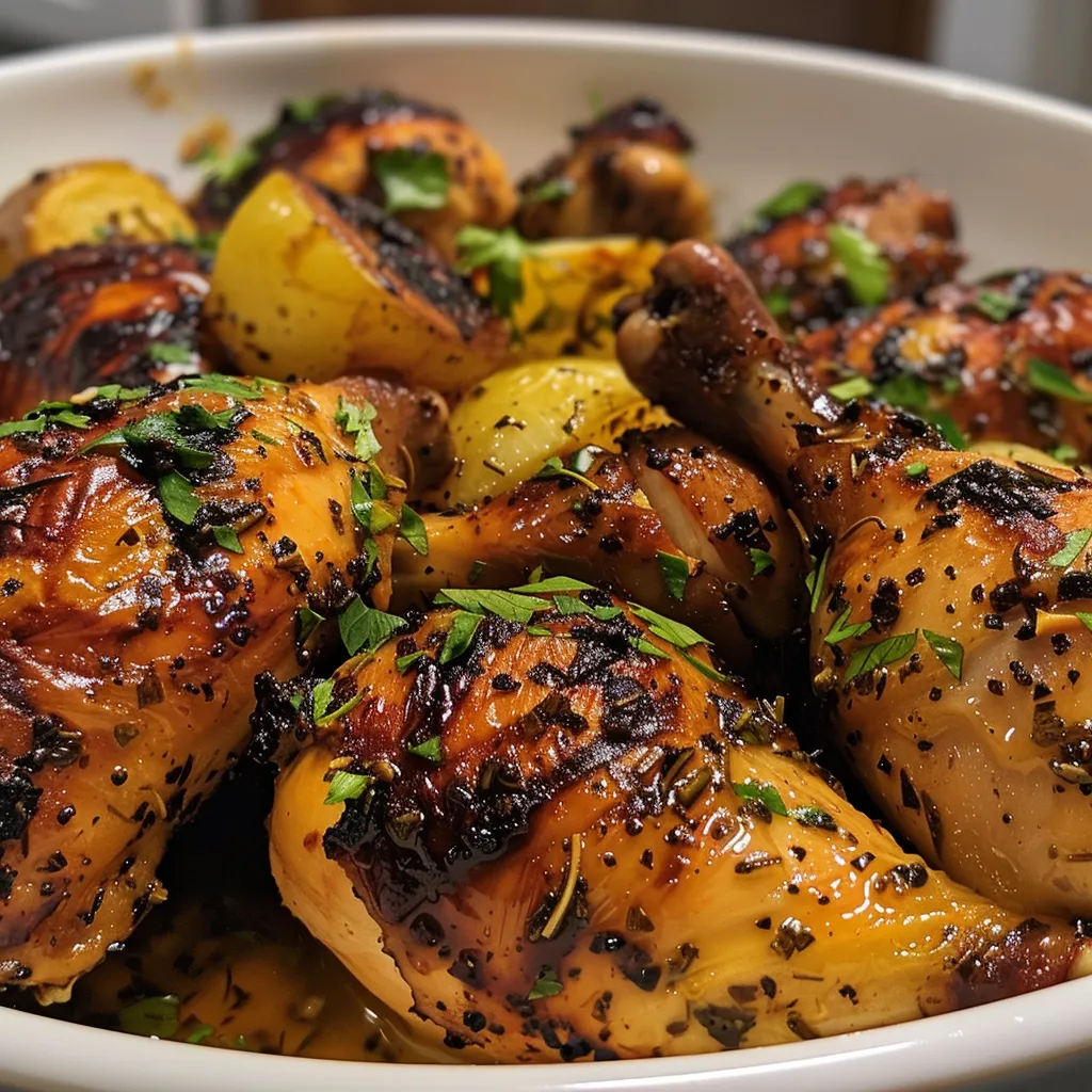 Primer plano de pollo asado con hierbas y papas, presentado con estilo.
