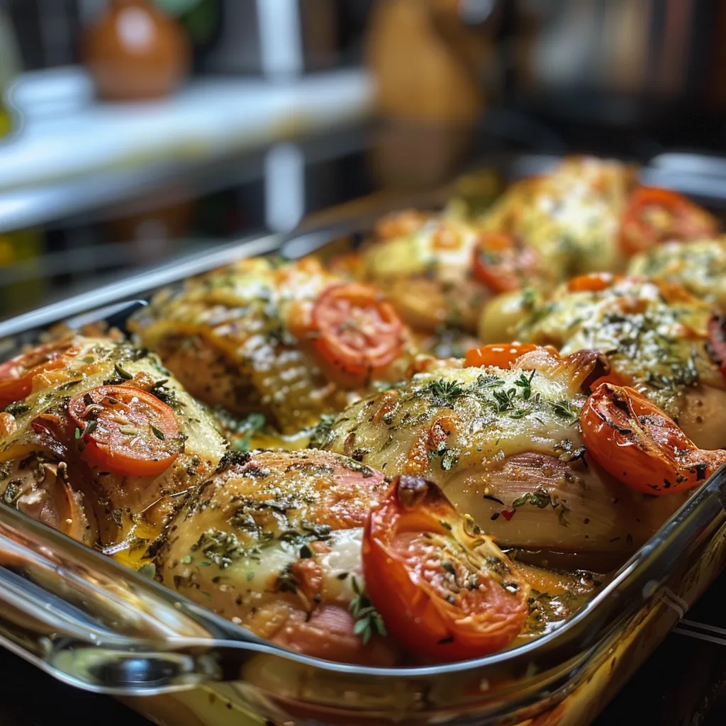 Primer plano de pollo con calabacín al horno, jugoso y dorado.