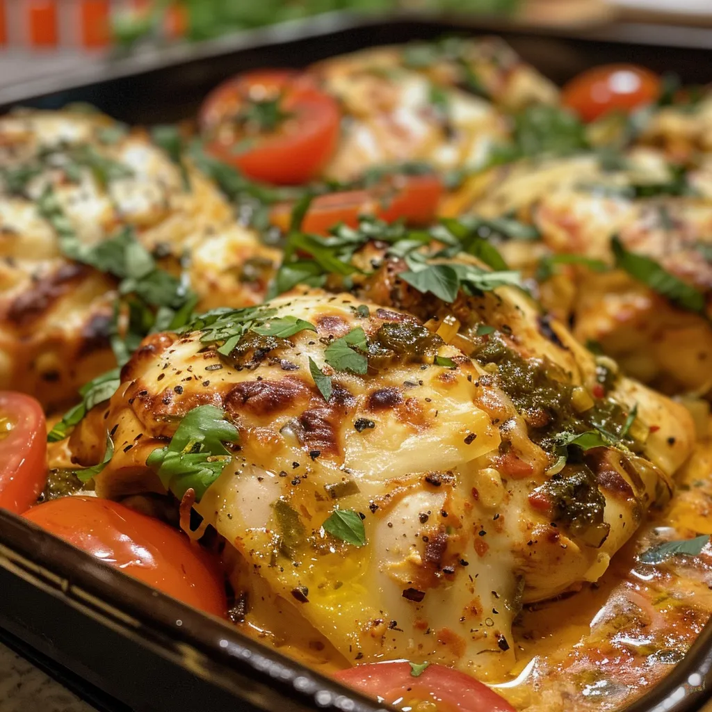 Vista lateral de pollo con calabacín al horno, presentado en un plato.