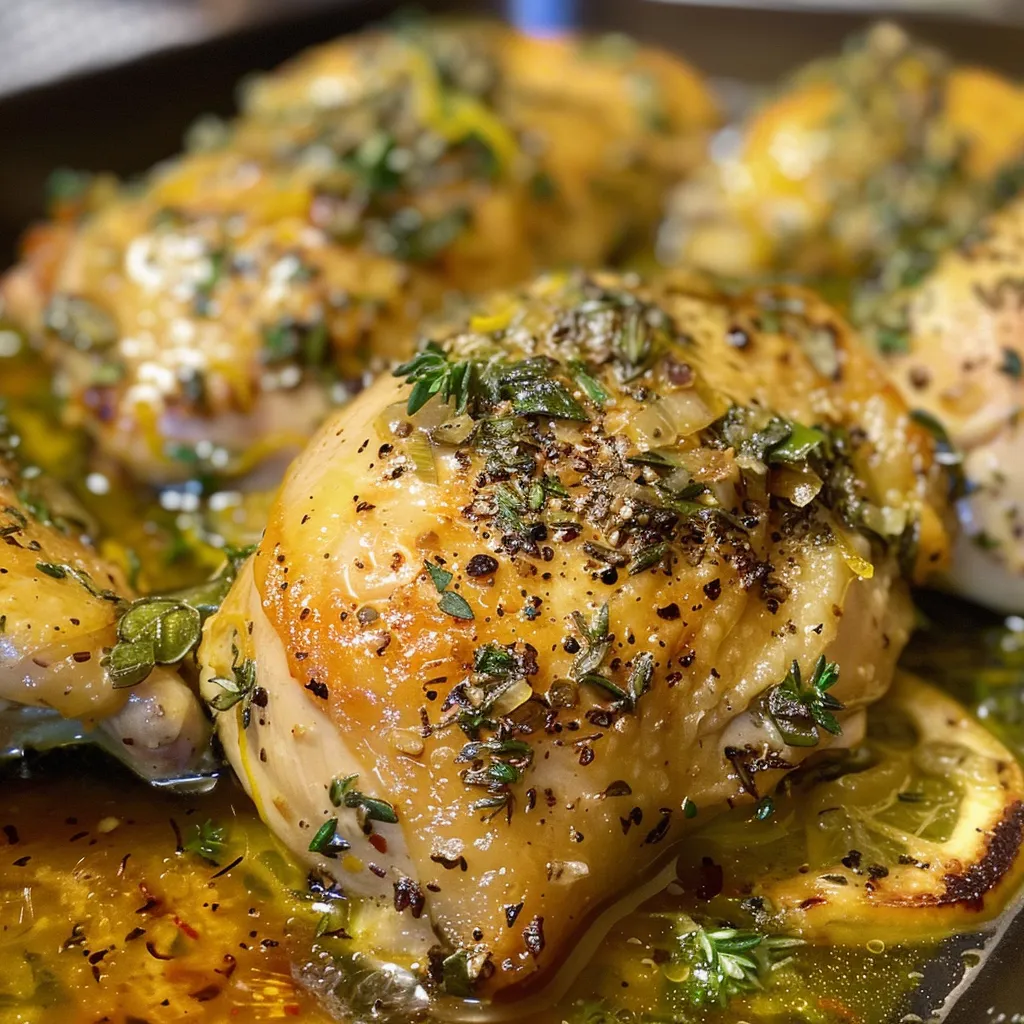 Pechugas de pollo con limón y hierbas, jugosas y doradas, en un plato.