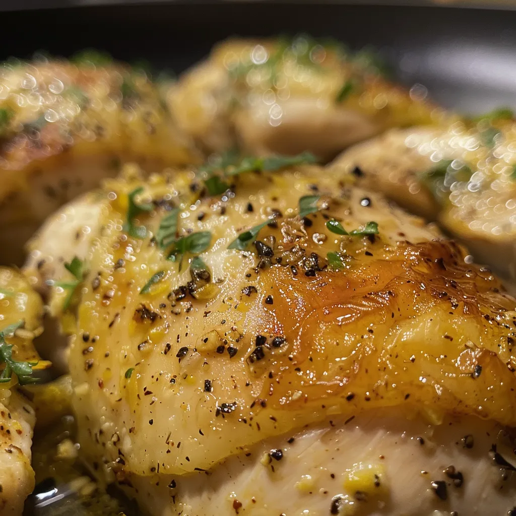 Close up de Pollo con Limón y Hierbas, mostrando su textura deliciosa y color.