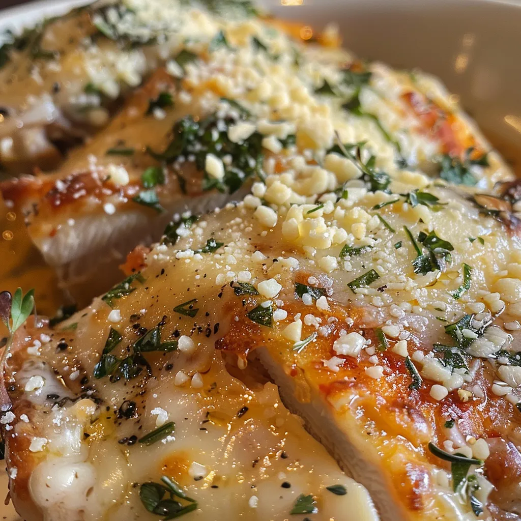 Primer plano de pollo al parmesano con cebolla y ajo.