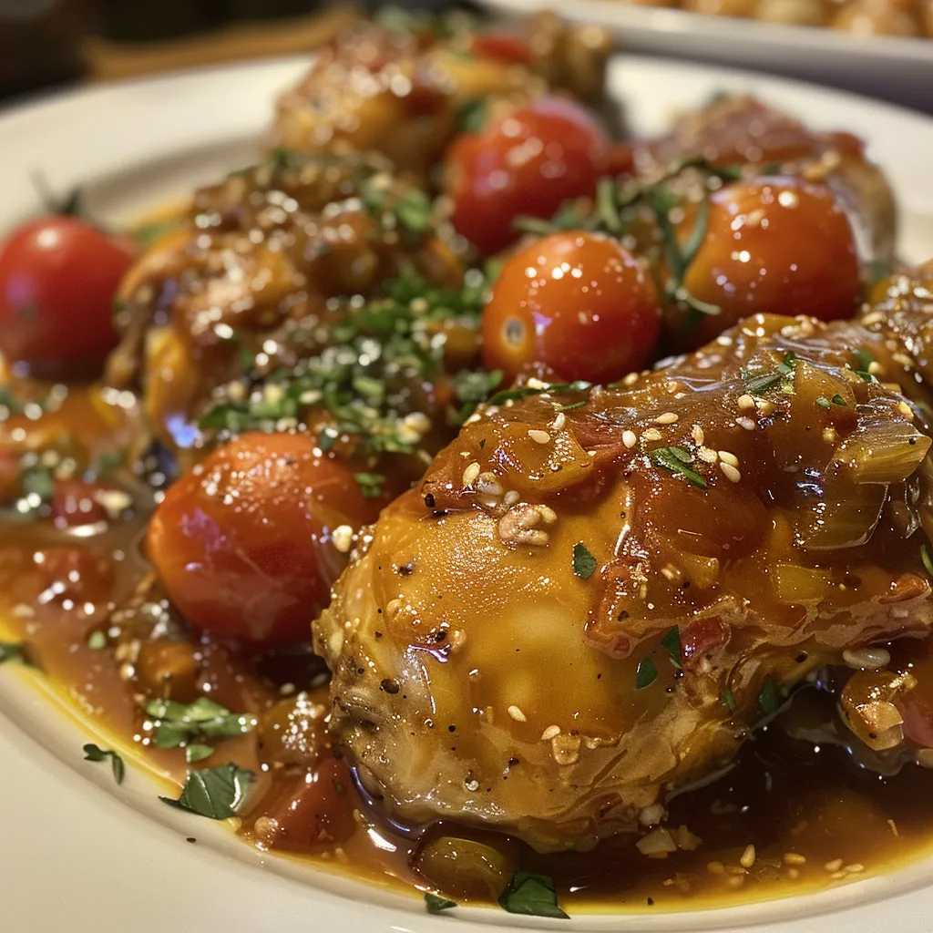 Primer plano de Pollo con Tomate en un plato colorido.