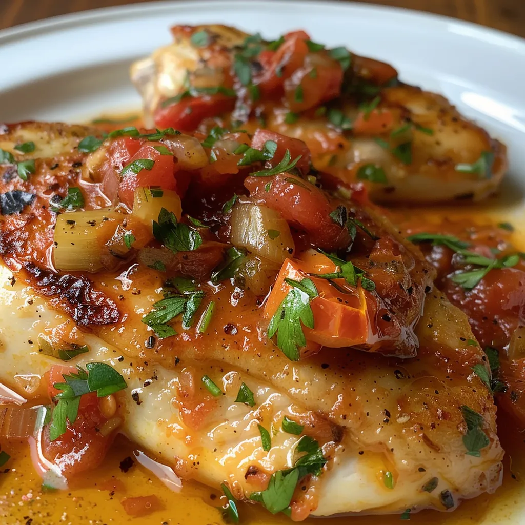 Vista lateral de una porción de Pollo con Tomate, mostrando su jugosidad.