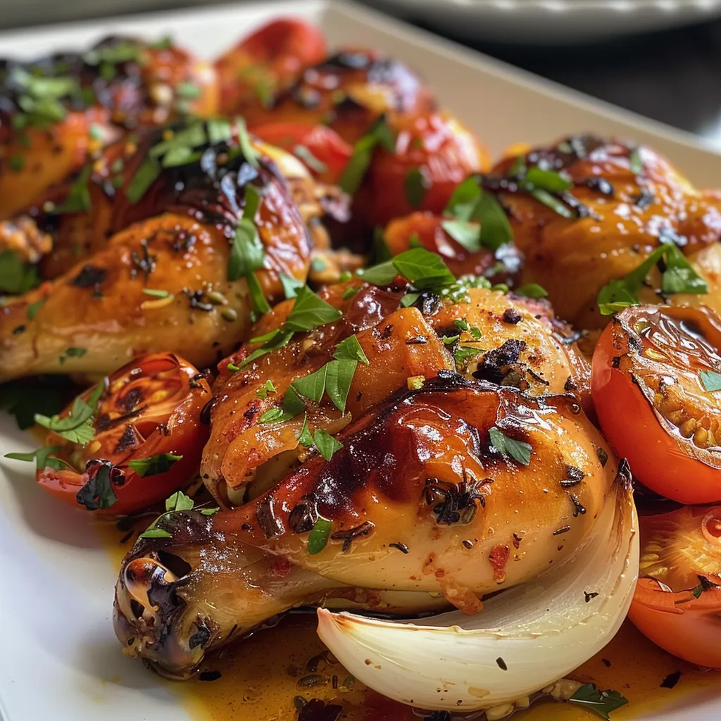 Plato de Pollo con tomates al horno, mostrando su jugosidad y colorido.