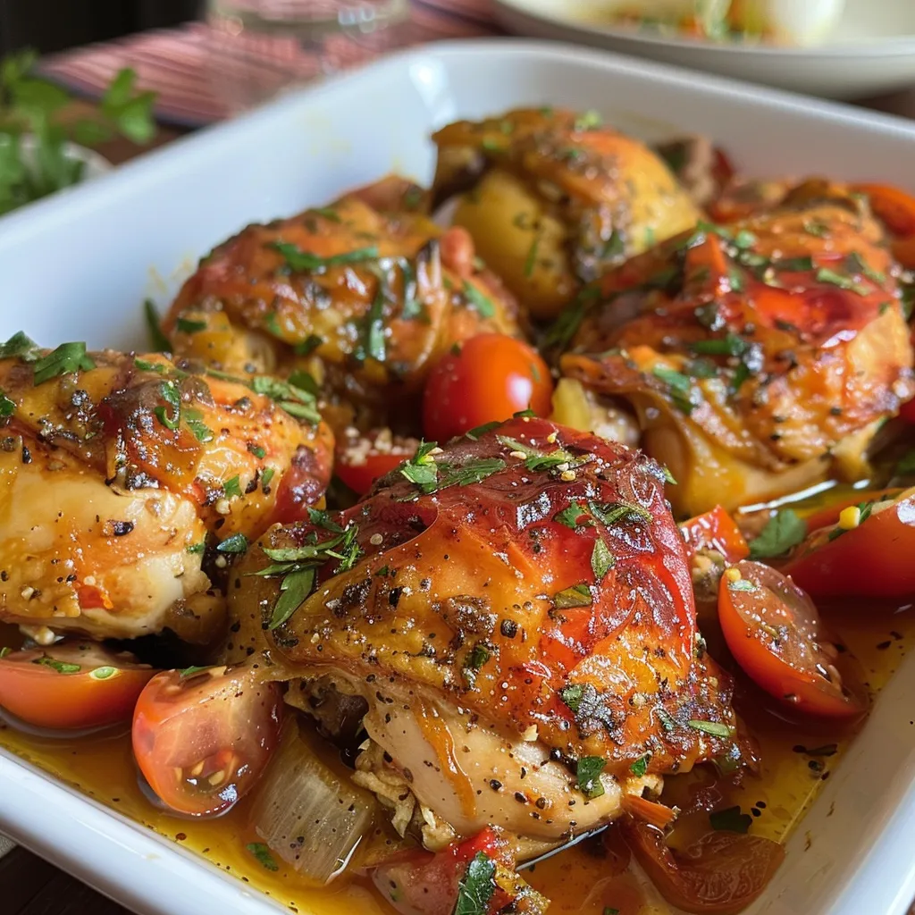 Primer plano de Pollo al horno con tomates, destacando las especias y los ingredientes.