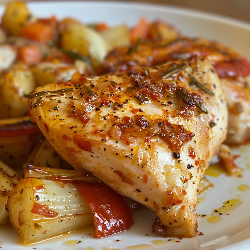 Primer plano de Pollo con verduras en un plato, con ingredientes frescos.