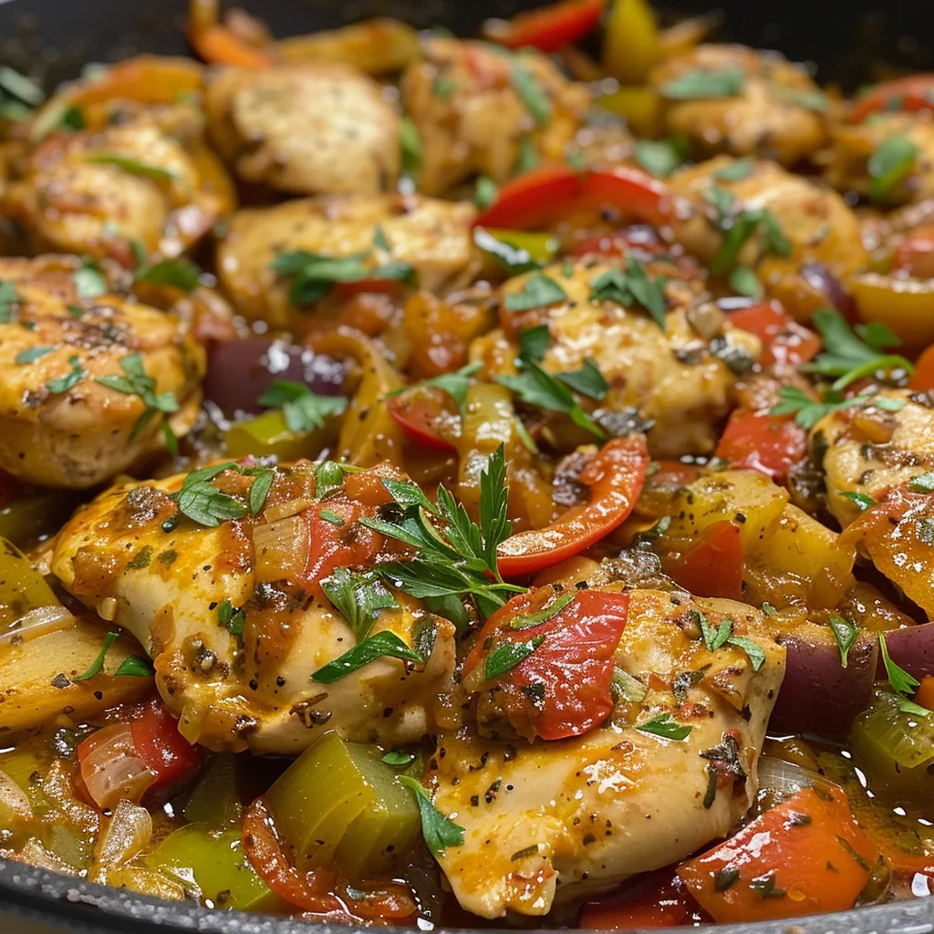 Vista lateral de un plato de pollo jugoso con verduras coloridas y apetitosas.