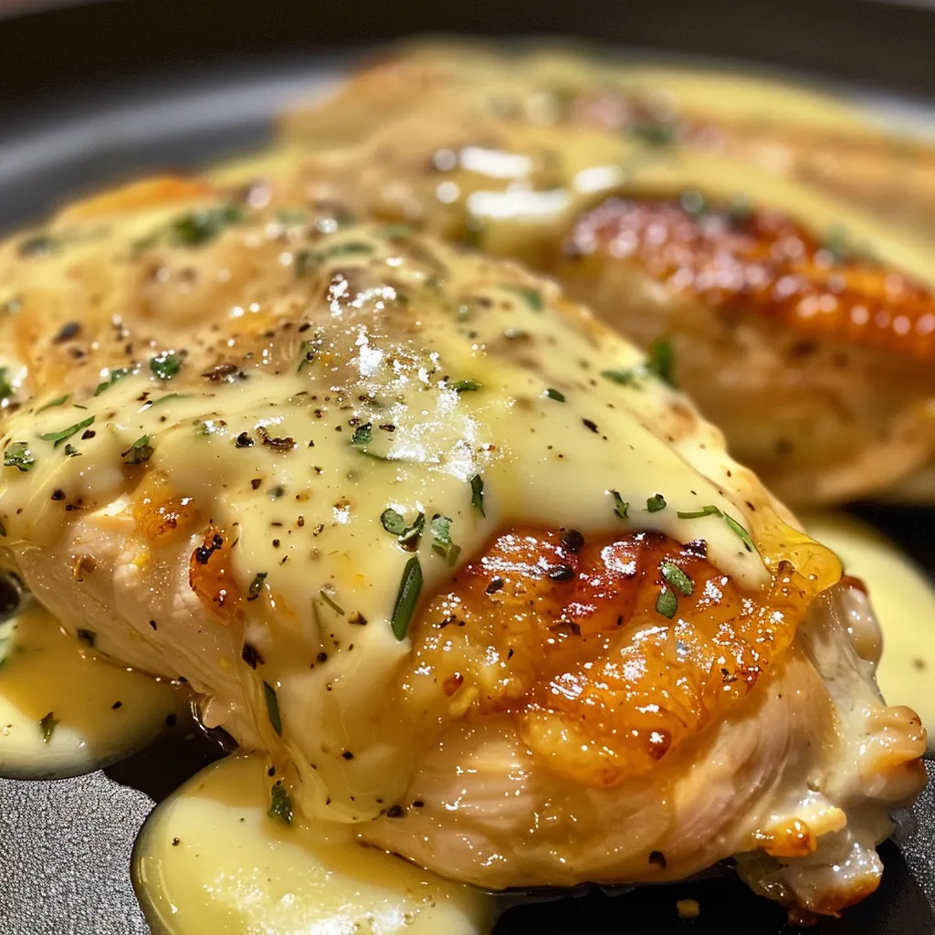 Primer plano de Pollo Crema Limón, filetes de pollo cubiertos con una salsa cremosa y decorados con perejil.