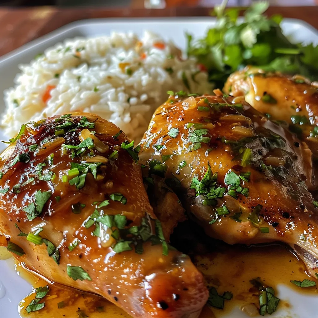 Pechugas de pollo en salsa de ajo brillante y jugosa.