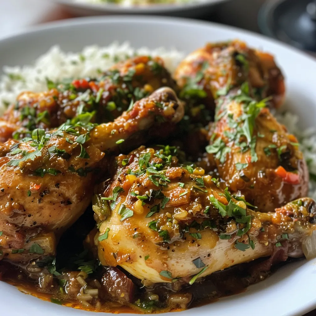 Primer plano de pollo cubierto con salsa de ajo dorada.