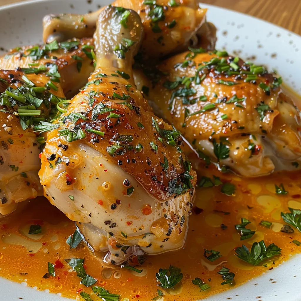 Primer plano de Pollo en salsa de mostaza con trozos jugosos.