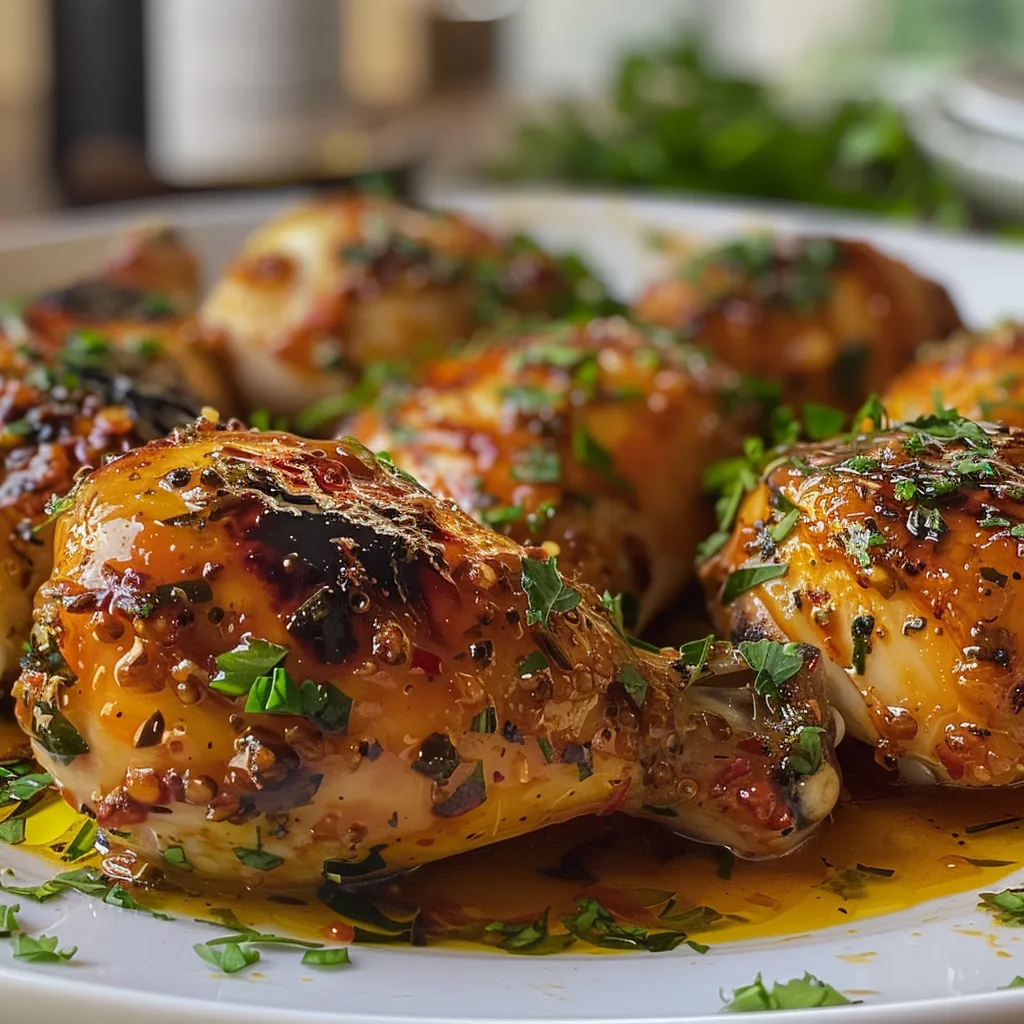 Vista lateral de un plato de Pollo en salsa de mostaza.