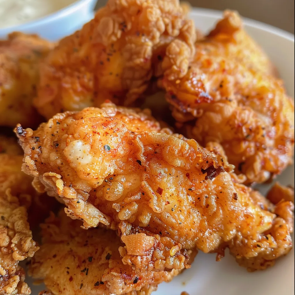 Primer plano de muslos de pollo frito estilo Kentucky.