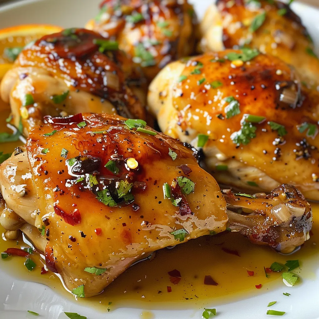 Primer plano de Pollo Glaseado con Miel y Naranja, suculento y dorado.