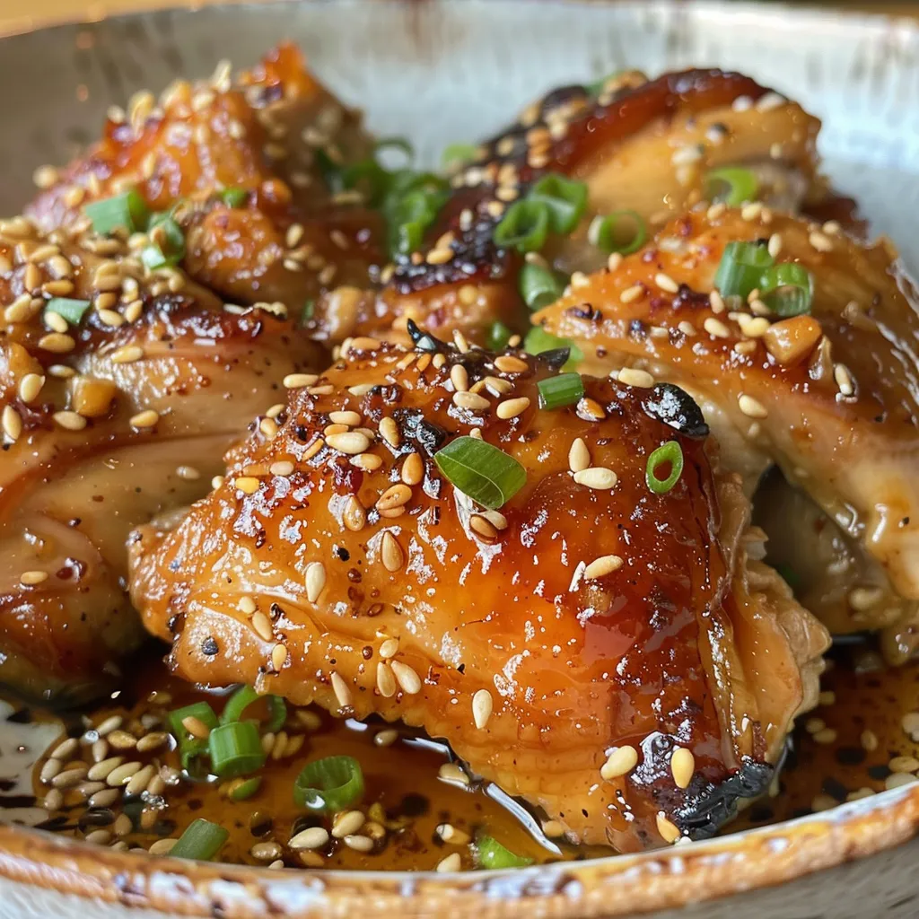 Pollo glaseado con miso y miel, vista lateral, jugoso y dorado.